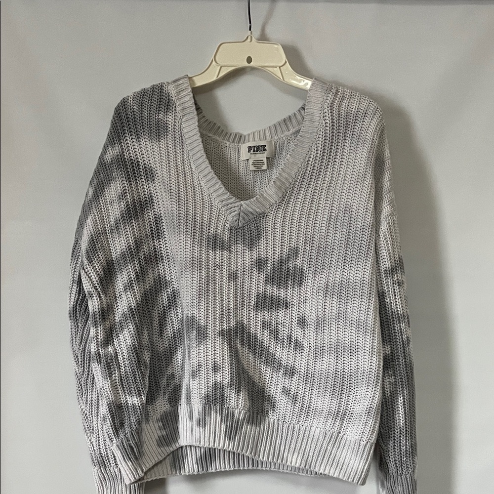 PINK Victorias Secret Gray White Knit V Neck Tie Dye Chunky Sweater Sz L